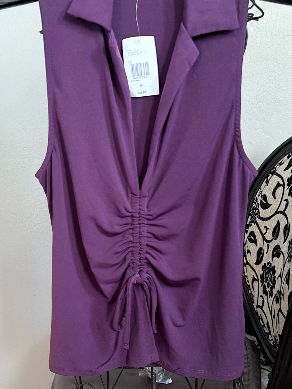 GUESS Sleeveless Deep V Ruched Front Tank in Purple